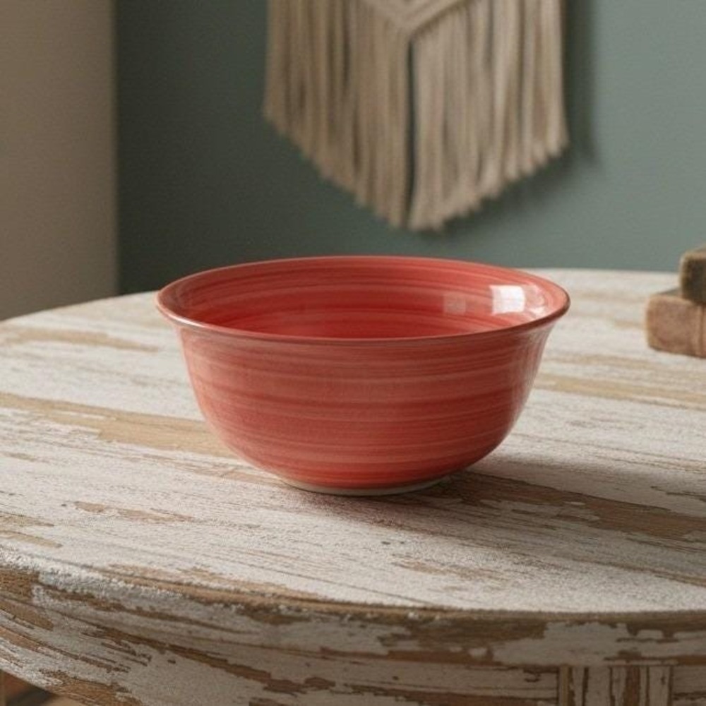 Swirl Hand-Painted Cereal Bowl, Vintage Salmon Pink Glossy Ceramic Dinnerware